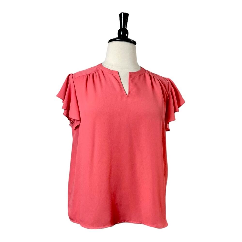Investments Petite Popover Top Flutter Sleeve Split Neck Coral Pink Women’s XLP